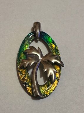 Silver Palm Tree Pendant with Iridescent Green-Yellow Accent
